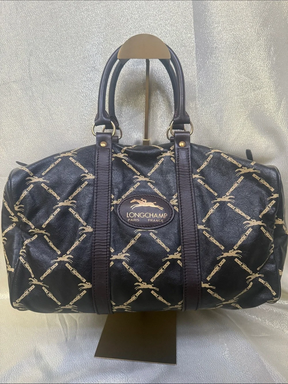Longchamp Black & Cream Monogram Boston Duffel Bag
